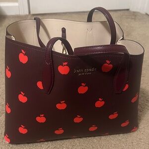kate spade burgundy tote with red apple print